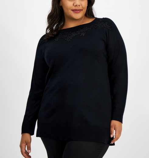 Jm Collection Plus Size Lace-Applique Sweater Deep Black 4X