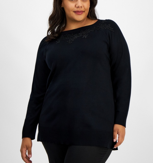 Jm Collection Plus Size Lace-Applique Sweater Deep Black 4X