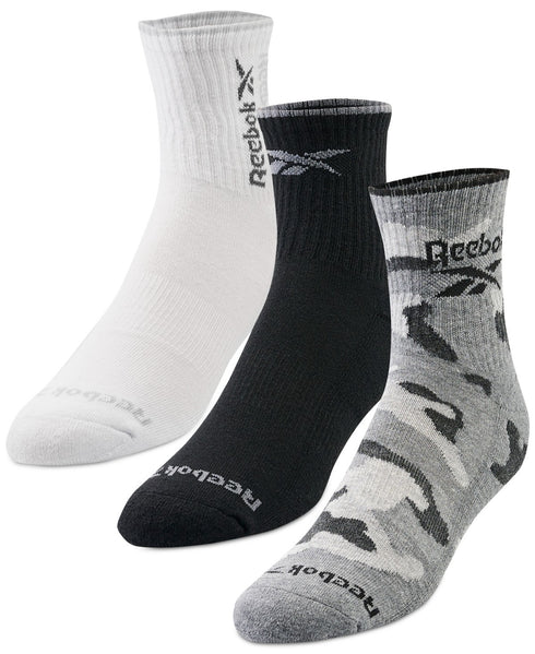 Reebok Men's 3-Pk 1/2 Terry High Quarter Socks Black Grey White