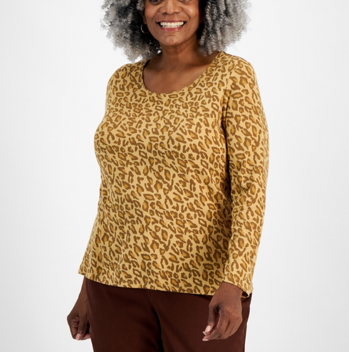 Style & Co Plus Size Printed Scoop-Neck Long-Sleeve Top Animal Cof