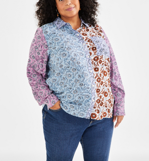 Style & Co Plus Size Blocked Bloom Perfect Shirt Bloom Autumn Summer Size 3X