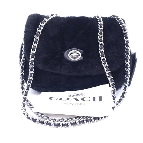 COACH Black Fur Pillow Madison 18 Quilted Shearling Shoulder Bag Purse CE720